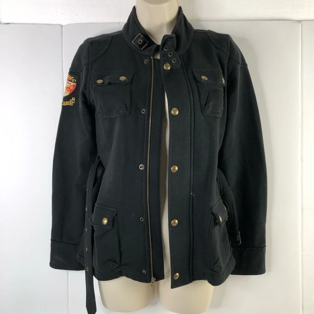 Ralph Lauren Black Belted Crest Cargo Jacket Teens 12/14 Shoulder Elbow Patches